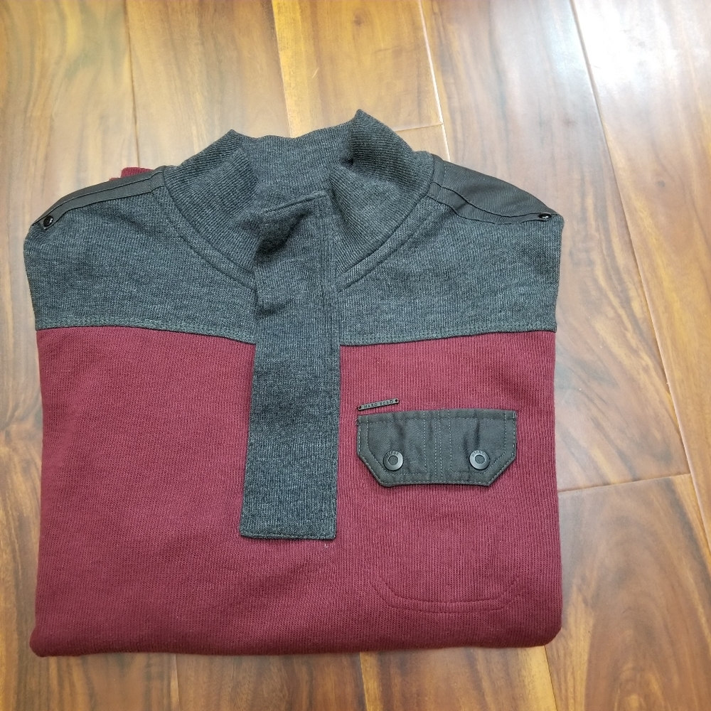 Marc Ecko Cut & Sew Mens Large Gray & Burgundy Cotton Pullover Sweater Shirt